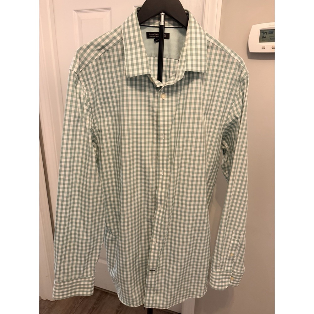 Banana Republic Tailored Slim Fit Dress Shirt Green Gingham XL Business Preppy
